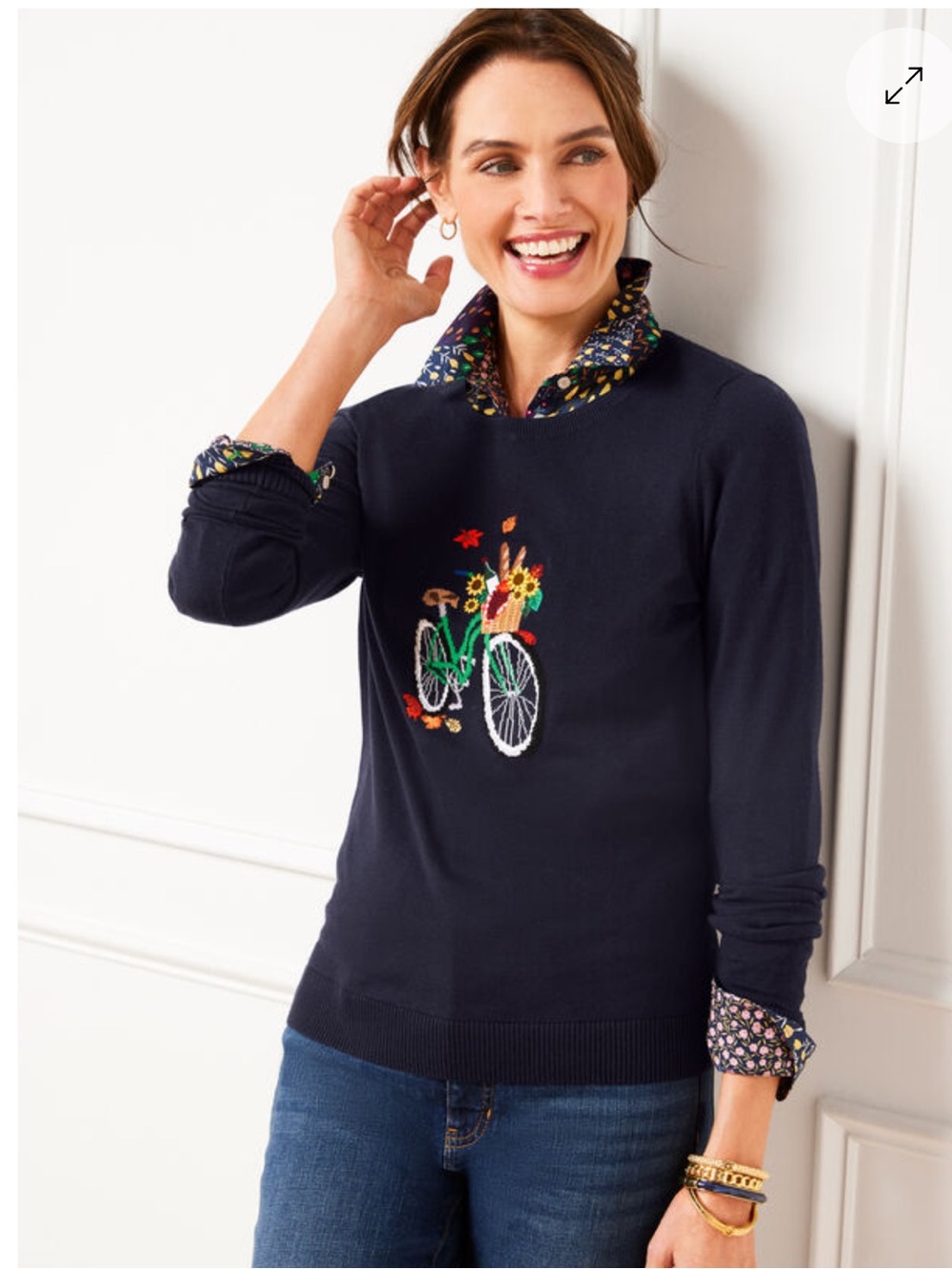 Talbots Women's Crewneck Pullover - Bicycle Jacquard Navy Pullover‎ Sweater